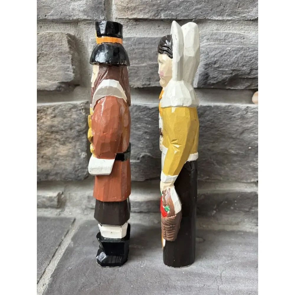 Vintage Hand Painted Wood Carved Harvest Pilgrims Man Woman Cottagecore Prairie